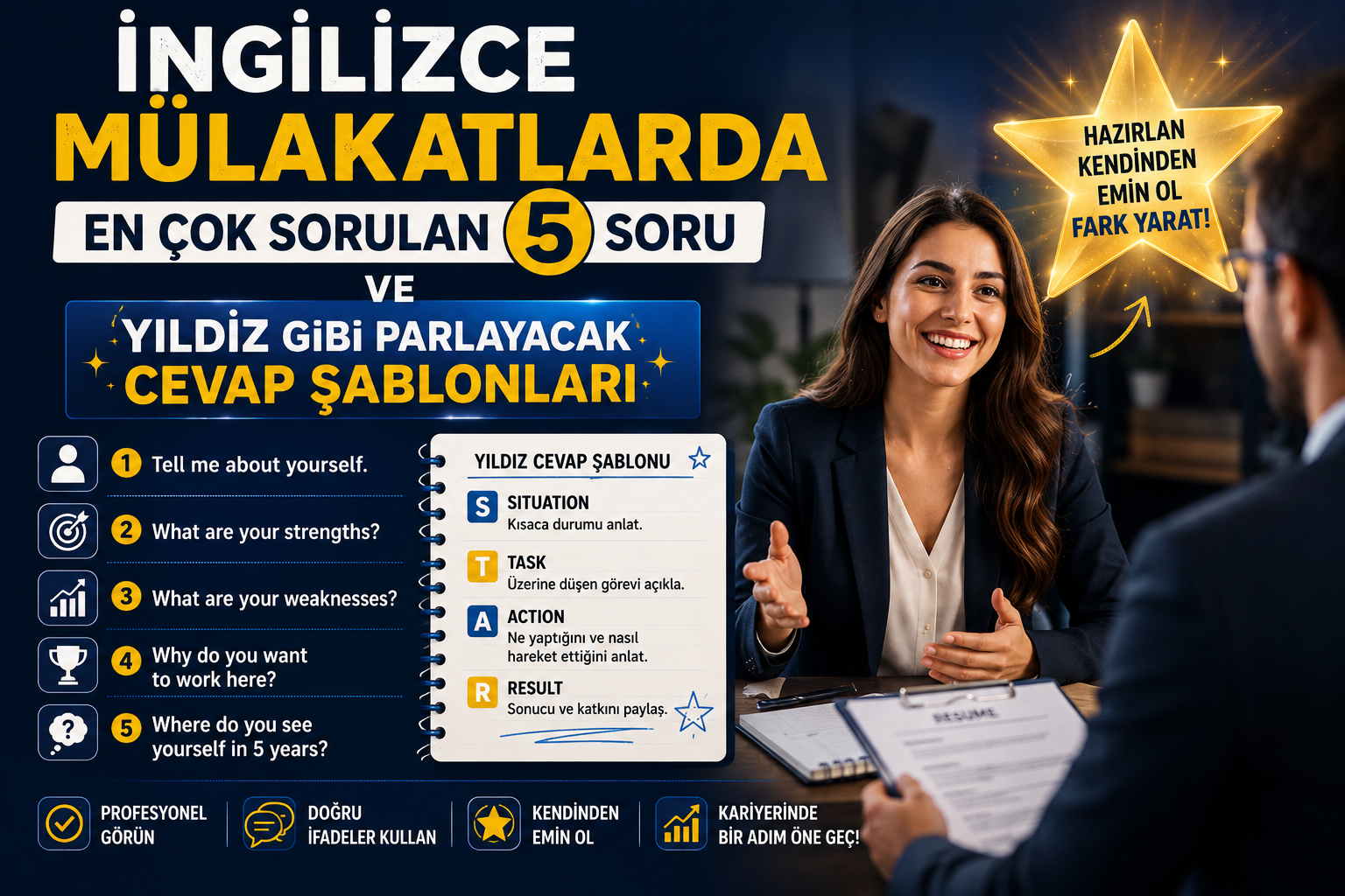 İngilizce Mülakatlarda En Çok Sorulan 5 Soru ve Yıldız Gibi Parlayacak Cevap Şablonları